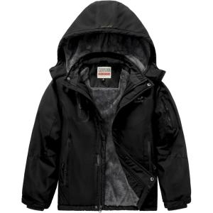 imageWULFUL Boys Waterproof Ski Jacket Warm Fleece Hooded Winter Snow CoatBlack