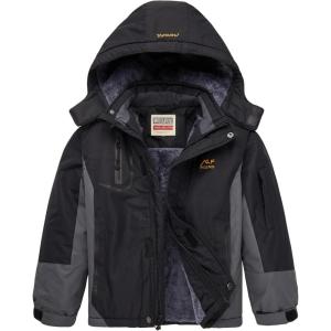 imageWULFUL Boys Waterproof Ski Jacket Warm Fleece Hooded Winter Snow CoatBlackgrey