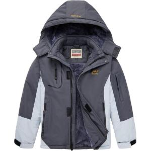 imageWULFUL Boys Waterproof Ski Jacket Warm Fleece Hooded Winter Snow CoatGreyblack