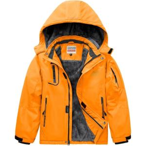 imageWULFUL Boys Waterproof Ski Jacket Warm Fleece Hooded Winter Snow CoatOrange