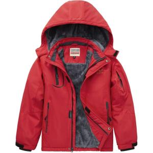 imageWULFUL Boys Waterproof Ski Jacket Warm Fleece Hooded Winter Snow CoatRed