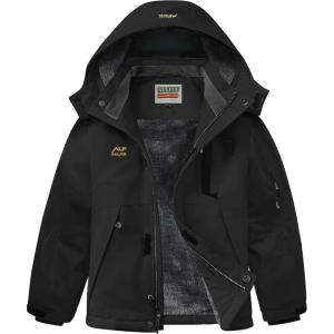 imageWULFUL Boys Waterproof Ski Snow Jacket Winter Thick Fleece Jacket Outdoor Windproof CoatBlack