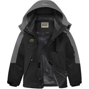 imageWULFUL Boys Waterproof Ski Snow Jacket Winter Thick Fleece Jacket Outdoor Windproof CoatBlackgrey