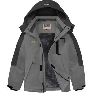 imageWULFUL Boys Waterproof Ski Snow Jacket Winter Thick Fleece Jacket Outdoor Windproof CoatDark Greyblack