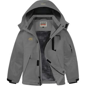 imageWULFUL Boys Waterproof Ski Snow Jacket Winter Thick Fleece Jacket Outdoor Windproof CoatGrey