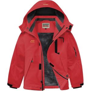 imageWULFUL Boys Waterproof Ski Snow Jacket Winter Thick Fleece Jacket Outdoor Windproof CoatRed