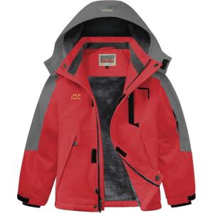 imageWULFUL Boys Waterproof Ski Snow Jacket Winter Thick Fleece Jacket Outdoor Windproof CoatRed Grey
