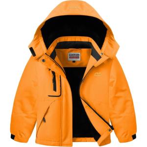 imageWULFUL Girls Waterproof Ski Jacket Warm Fleece Hooded Winter Snow CoatOrange