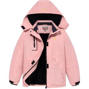 imageWULFUL Girls Waterproof Ski Jacket Warm Fleece Hooded Winter Snow CoatPink