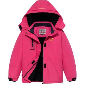imageWULFUL Girls Waterproof Ski Jacket Warm Fleece Hooded Winter Snow CoatRose Red
