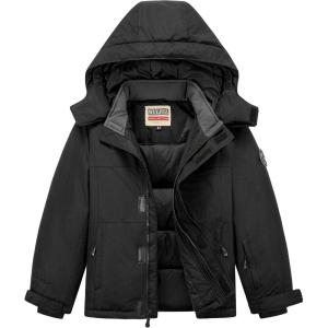 imageWULFUL Kids Waterproof Ski Jacket Warm Fleece Hooded Boys and Girls Winter Snow Coat OutwearWindproof RainCoatBlack