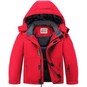 imageWULFUL Kids Waterproof Ski Jacket Warm Fleece Hooded Boys and Girls Winter Snow Coat OutwearWindproof RainCoatRed