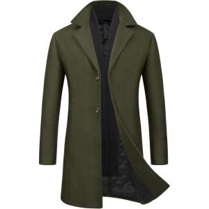 imageWULFUL Men Wool Trench Coat Slim Fit Winter CoatArmy Green