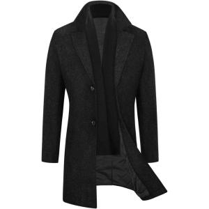 imageWULFUL Men Wool Trench Coat Slim Fit Winter CoatBlack