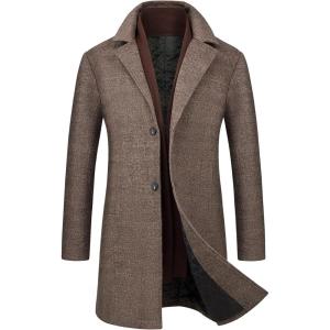 imageWULFUL Men Wool Trench Coat Slim Fit Winter CoatCoffee Plaid