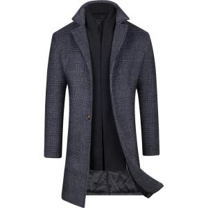 imageWULFUL Men Wool Trench Coat Slim Fit Winter CoatGrey Plaid