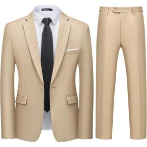 imageWULFUL Mens 2 Piece Slim Fit Suit Set One Button Blazer Jacket Pants Tuxedo Set for Party Wedding and BusinessChampagne