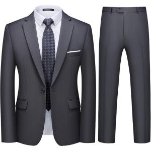 imageWULFUL Mens 2 Piece Slim Fit Suit Set One Button Blazer Jacket Pants Tuxedo Set for Party Wedding and BusinessDark Grey