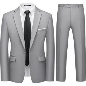 imageWULFUL Mens 2 Piece Slim Fit Suit Set One Button Blazer Jacket Pants Tuxedo Set for Party Wedding and BusinessLight Gray