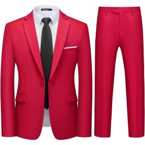 imageWULFUL Mens 2 Piece Slim Fit Suit Set One Button Blazer Jacket Pants Tuxedo Set for Party Wedding and BusinessRed