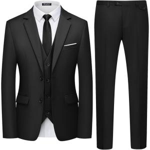 imageWULFUL Mens 3 Piece Slim Fit Suit Set Two Button Blazer Jacket Vest Pants Tuxedo Set for Party Wedding and BusinessBlack