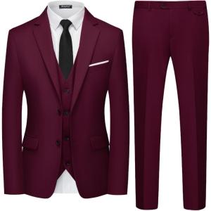 imageWULFUL Mens 3 Piece Slim Fit Suit Set Two Button Blazer Jacket Vest Pants Tuxedo Set for Party Wedding and BusinessBlanc Red