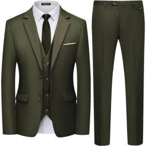 imageWULFUL Mens 3 Piece Slim Fit Suit Set Two Button Blazer Jacket Vest Pants Tuxedo Set for Party Wedding and BusinessBrown