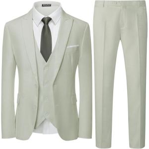 imageWULFUL Mens 3 Piece Slim Fit Suit Set Two Button Blazer Jacket Vest Pants Tuxedo Set for Party Wedding and BusinessCelery Green