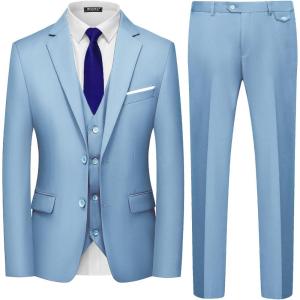 imageWULFUL Mens 3 Piece Slim Fit Suit Set Two Button Blazer Jacket Vest Pants Tuxedo Set for Party Wedding and BusinessLight Blue