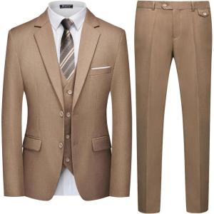 imageWULFUL Mens 3 Piece Slim Fit Suit Set Two Button Blazer Jacket Vest Pants Tuxedo Set for Party Wedding and BusinessLight Brown