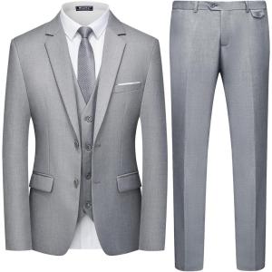imageWULFUL Mens 3 Piece Slim Fit Suit Set Two Button Blazer Jacket Vest Pants Tuxedo Set for Party Wedding and BusinessLight Gray