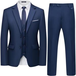 imageWULFUL Mens 3 Piece Slim Fit Suit Set Two Button Blazer Jacket Vest Pants Tuxedo Set for Party Wedding and BusinessNavy
