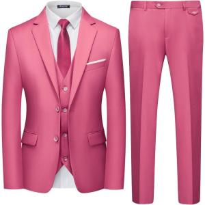 imageWULFUL Mens 3 Piece Slim Fit Suit Set Two Button Blazer Jacket Vest Pants Tuxedo Set for Party Wedding and BusinessPink