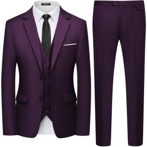 imageWULFUL Mens 3 Piece Slim Fit Suit Set Two Button Blazer Jacket Vest Pants Tuxedo Set for Party Wedding and BusinessPurple