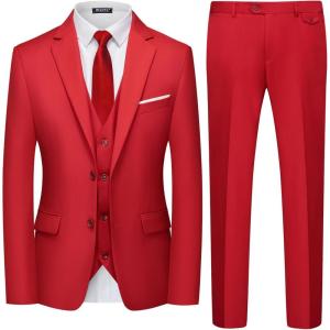 imageWULFUL Mens 3 Piece Slim Fit Suit Set Two Button Blazer Jacket Vest Pants Tuxedo Set for Party Wedding and BusinessRed
