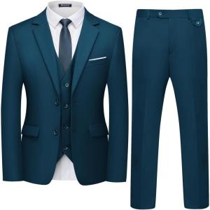 imageWULFUL Mens 3 Piece Slim Fit Suit Set Two Button Blazer Jacket Vest Pants Tuxedo Set for Party Wedding and BusinessSea Blue