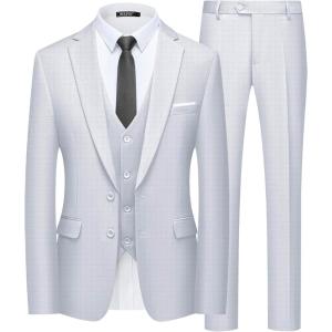imageWULFUL Mens 3 Piece Slim Fit Suit Set Two Button Blazer Jacket Vest Pants Tuxedo Set for Party Wedding and BusinessWhite