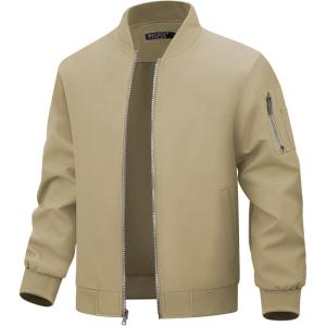 imageWULFUL Mens Bomber Jacket Lightweight Casual Windbreaker Zip Up Coat with PocketKhaki
