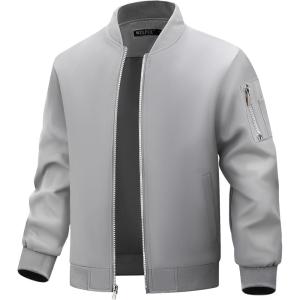 imageWULFUL Mens Bomber Jacket Lightweight Casual Windbreaker Zip Up Coat with PocketLight Grey