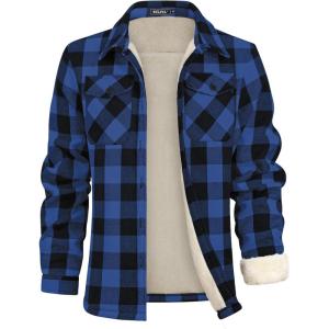imageWULFUL Mens Flannel Shirts Jacket Casual Button Down Plaid Outerwear Coat Long Sleeve Fleece Shacket lightweightBlue804