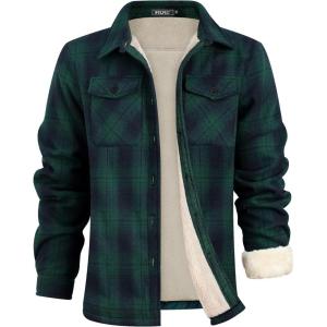imageWULFUL Mens Flannel Shirts Jacket Casual Button Down Plaid Outerwear Coat Long Sleeve Fleece Shacket lightweightGreen813