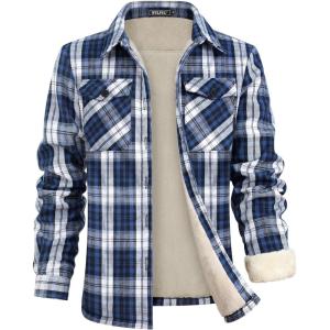 imageWULFUL Mens Flannel Shirts Jacket Casual Button Down Plaid Outerwear Coat Long Sleeve Fleece Shacket lightweightNavy768