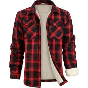 imageWULFUL Mens Flannel Shirts Jacket Casual Button Down Plaid Outerwear Coat Long Sleeve Fleece Shacket lightweightRed711