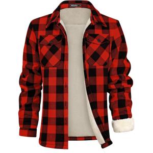 imageWULFUL Mens Flannel Shirts Jacket Casual Button Down Plaid Outerwear Coat Long Sleeve Fleece Shacket lightweightRed798
