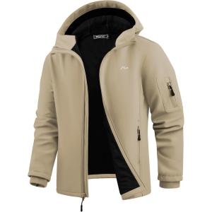 imageWULFUL Mens Lightweight Softshell Jacket Warm Fleece Lined Windbreaker Waterproof Soft Shell for Outdoor HikingKhaki