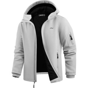 imageWULFUL Mens Lightweight Softshell Jacket Warm Fleece Lined Windbreaker Waterproof Soft Shell for Outdoor HikingLight Grey