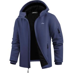 imageWULFUL Mens Lightweight Softshell Jacket Warm Fleece Lined Windbreaker Waterproof Soft Shell for Outdoor HikingNavy