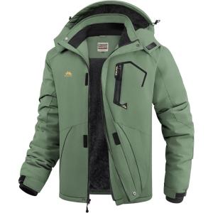 imageWULFUL Mens Ski Jackets Warm Winter Snow Windbreaker Resistant Snowboard Fleece Coat Mountain Waterproof Parka with HoodArmy Green