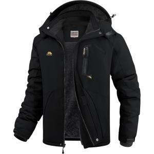 imageWULFUL Mens Ski Jackets Warm Winter Snow Windbreaker Resistant Snowboard Fleece Coat Mountain Waterproof Parka with HoodBlack