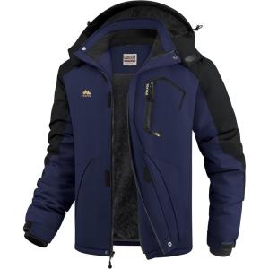 imageWULFUL Mens Ski Jackets Warm Winter Snow Windbreaker Resistant Snowboard Fleece Coat Mountain Waterproof Parka with HoodBlacknavy
